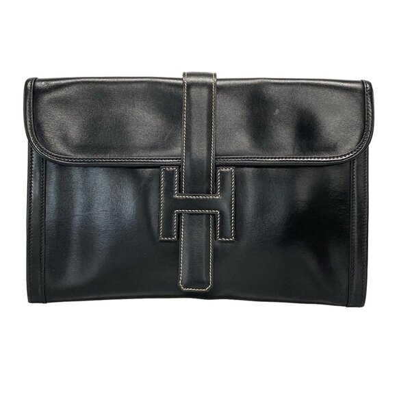 HERMES Jige PM Black Box Calf Circle M Clutch Bag 712-071225 - Picture 1 of 16